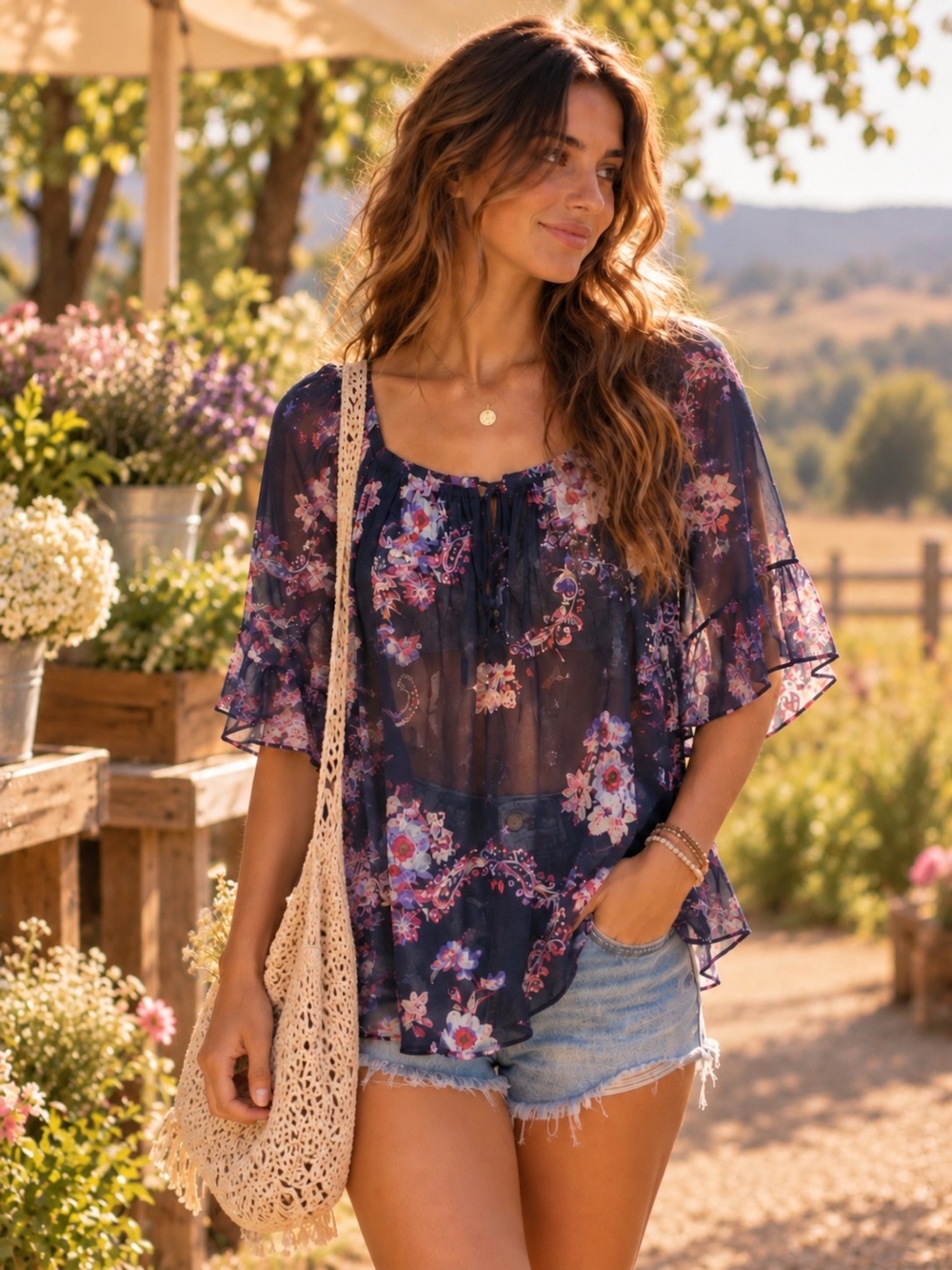 BOHO Sheer Beaded Floral Paisley Peasant Top L Flutter Sleeve Romantic Feminine
